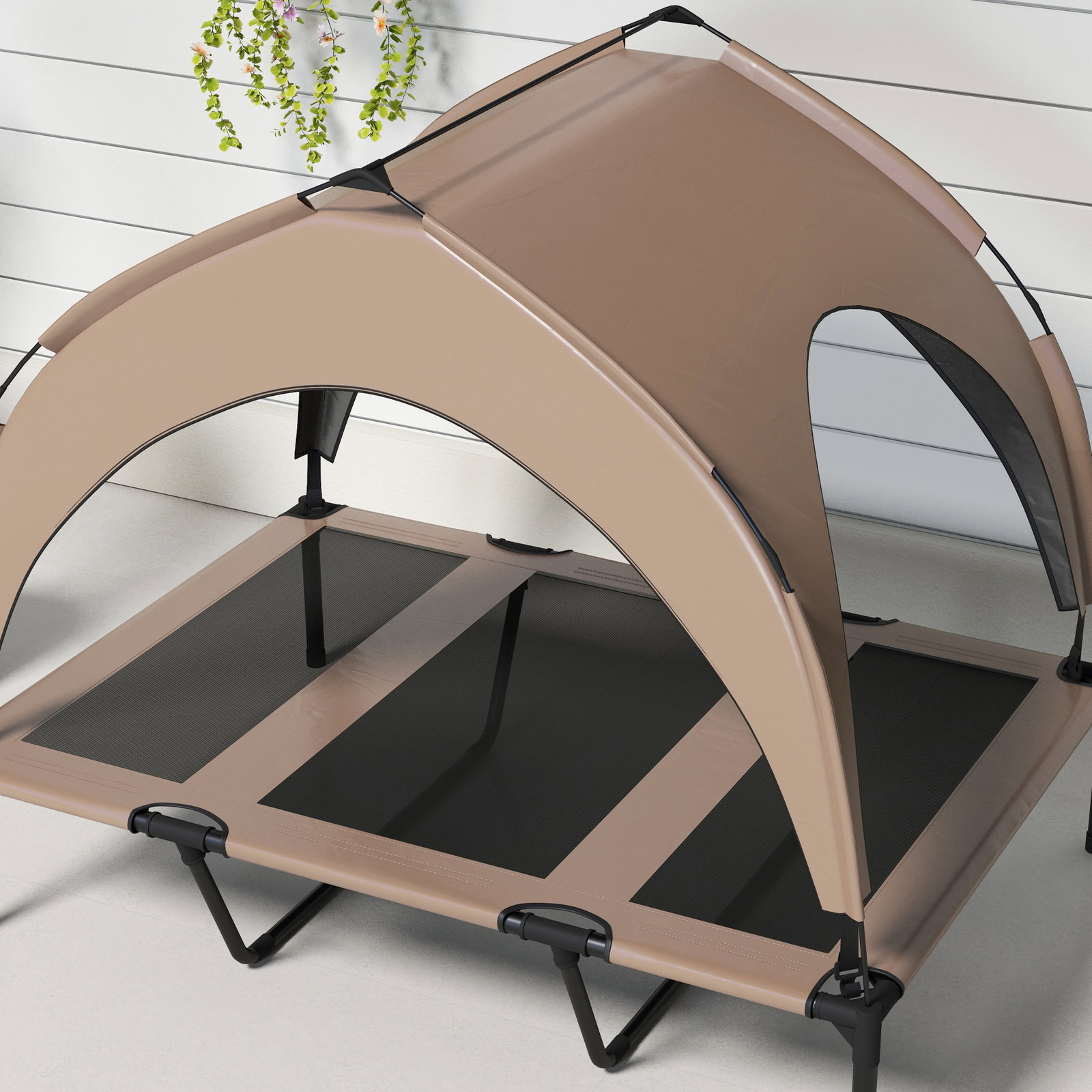 Cama para cães elevada com toldo para cães médios com estrutura de aço e bolsa de transporte 106x76x94 cm marrom claro