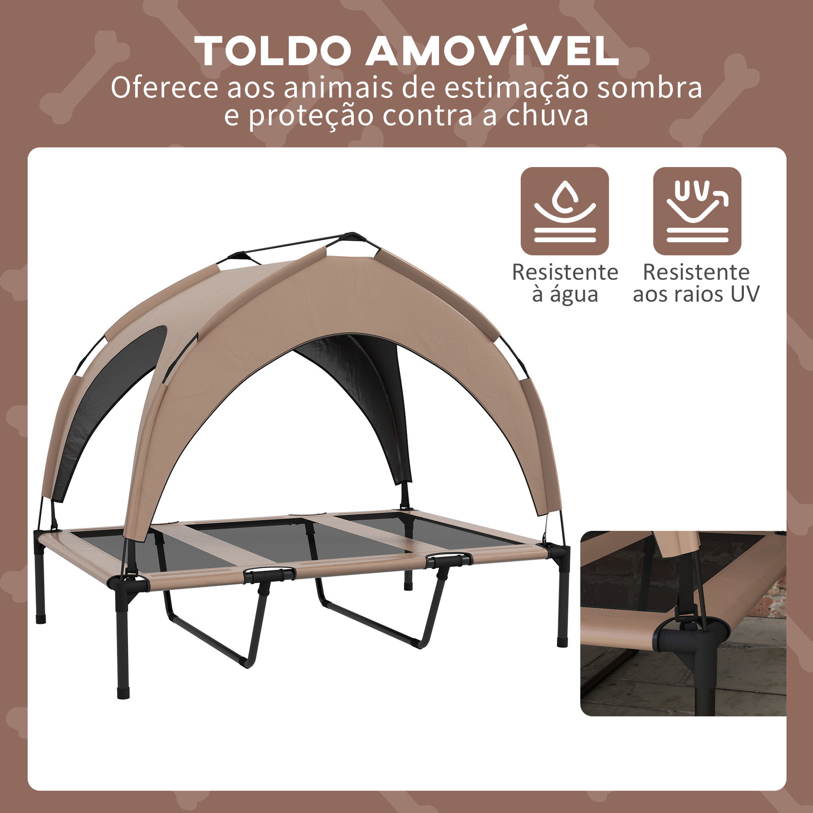 Cama para cães elevada com toldo para cães médios com estrutura de aço e bolsa de transporte 106x76x94 cm marrom claro