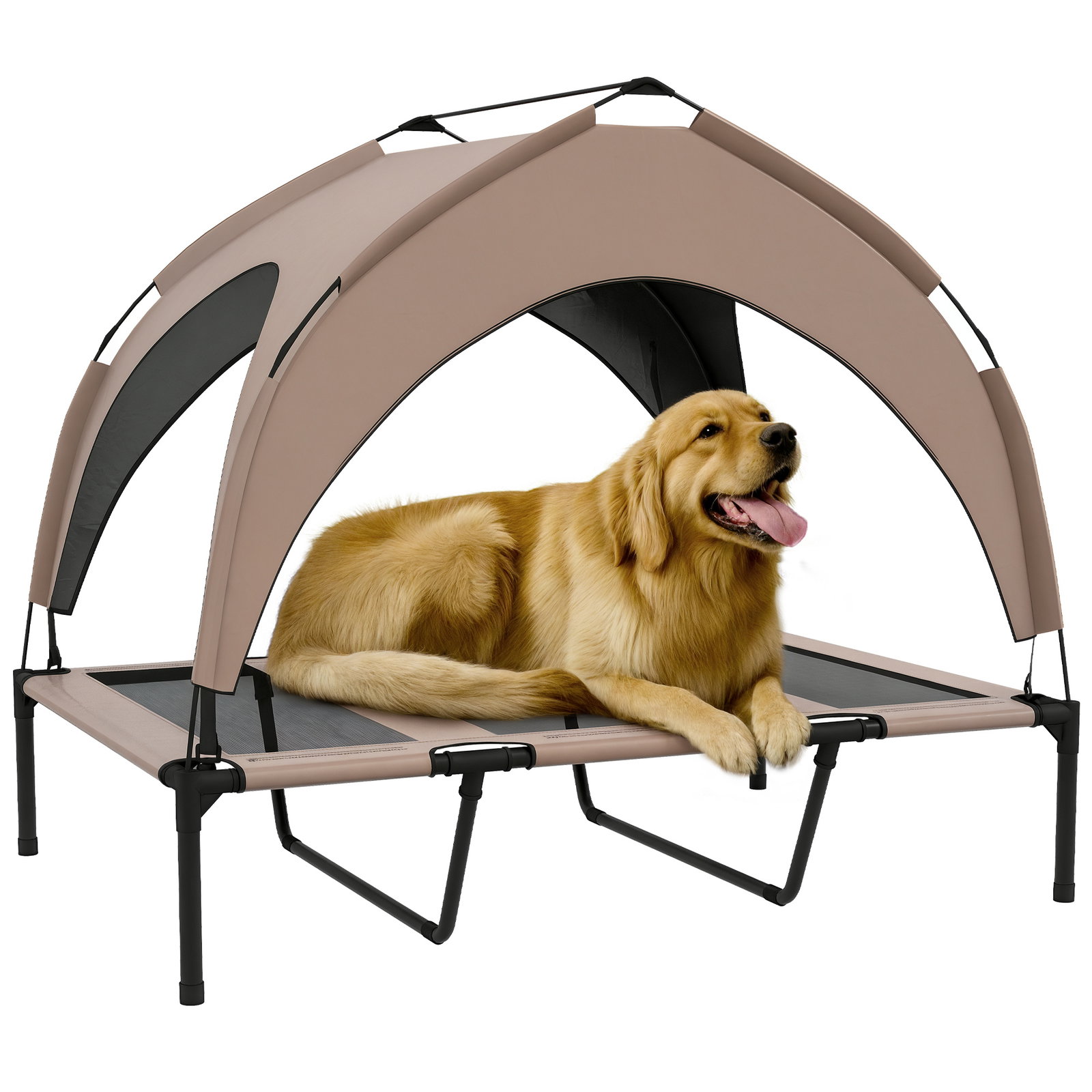 Cama para cães elevada com toldo para cães médios com estrutura de aço e bolsa de transporte 106x76x94 cm marrom claro