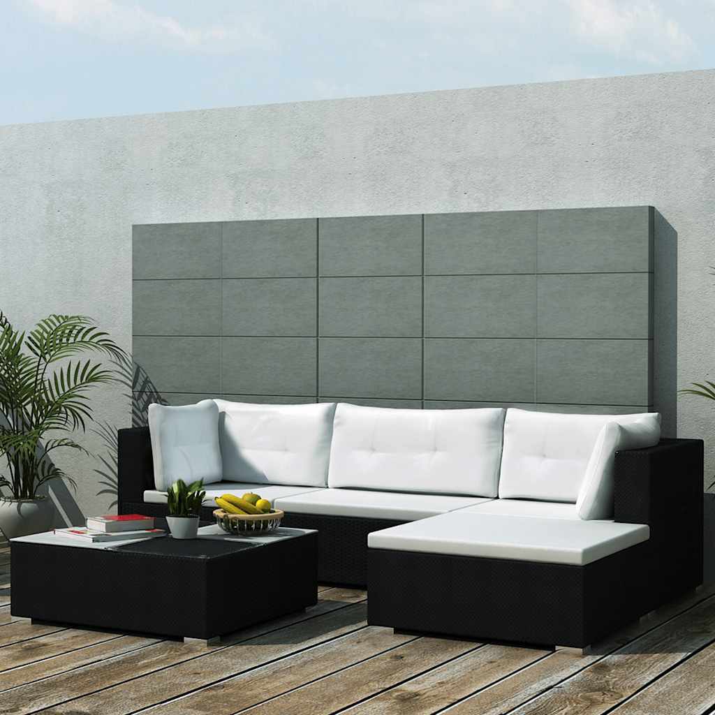 5 Pcs conjunto lounge de jardim c/ almofadões vime PE preto