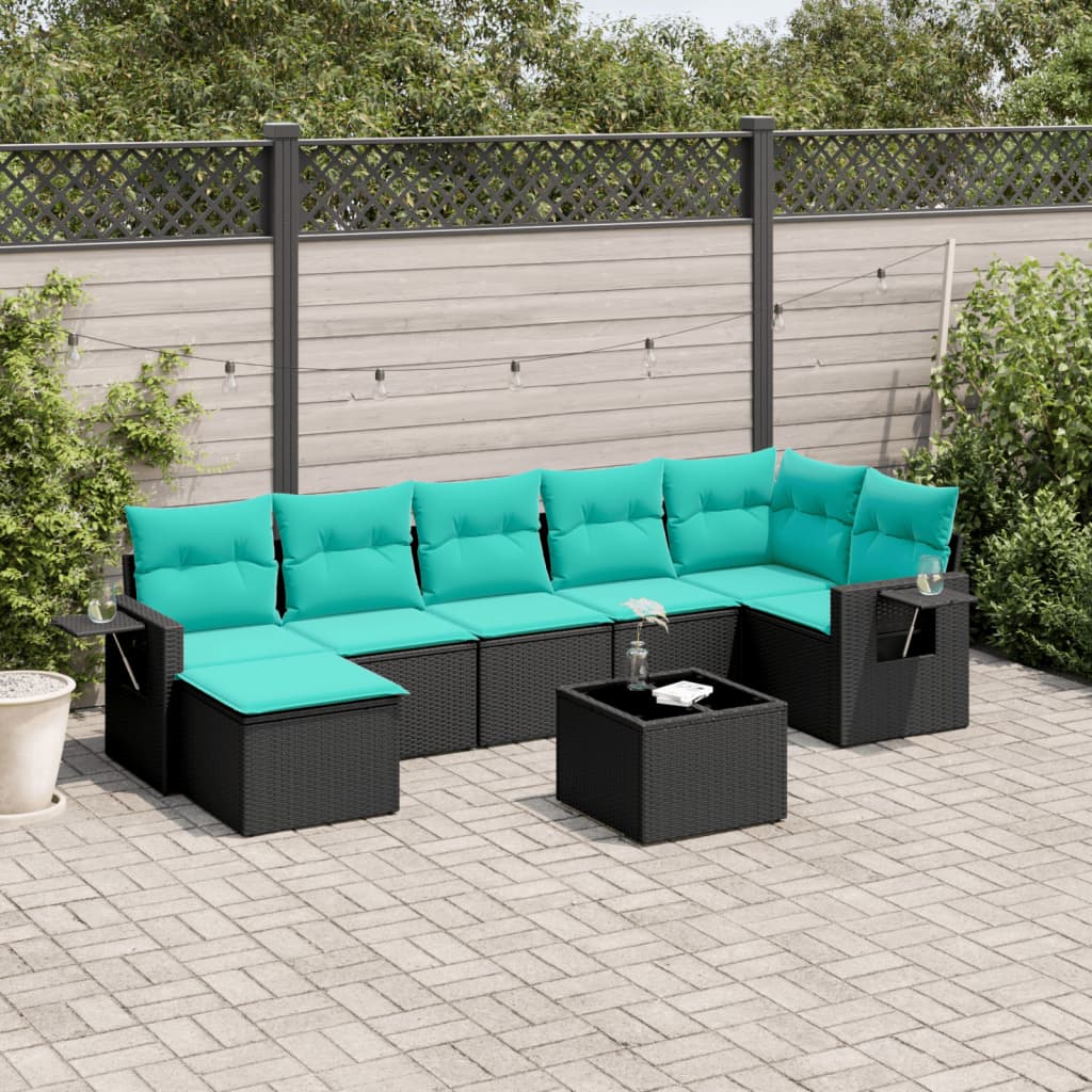 Conjunto de sofá de jardim com 8 peças e almofadas em rattan sintético preto
