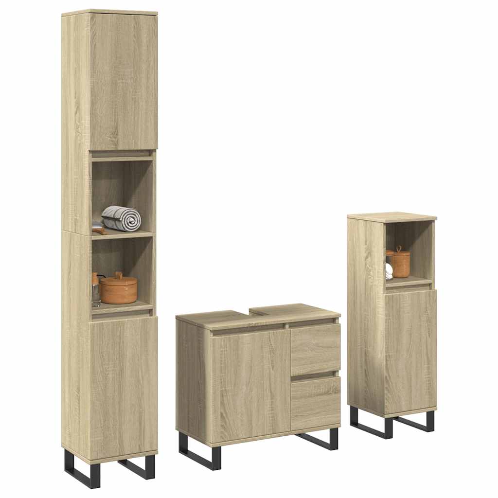 3 Pcs conj. móveis casa banho derivados madeira carvalho sonoma