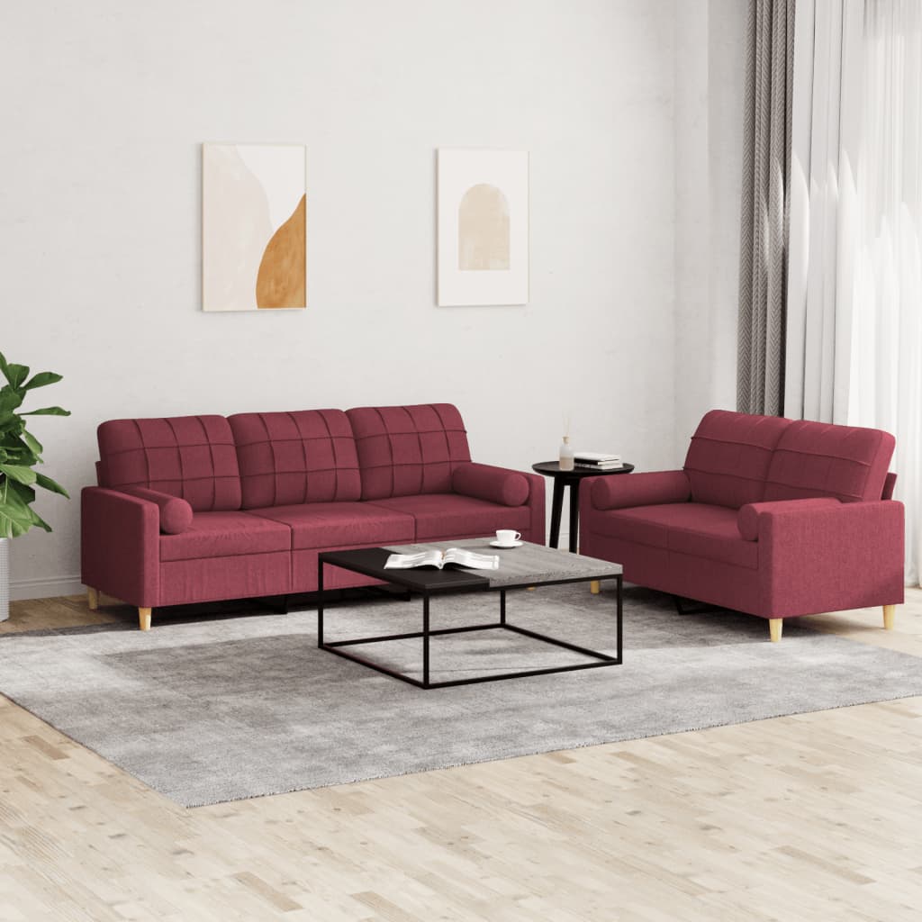 2 Pcs conjunto de sofás com almofadas tecido vermelho-tinto