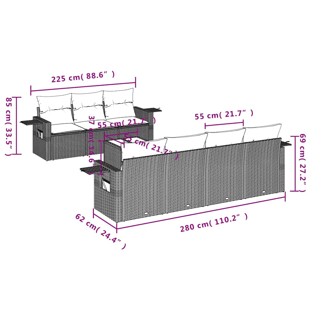 8 Pcs conjunto sofás de jardim com almofadões vime PE preto