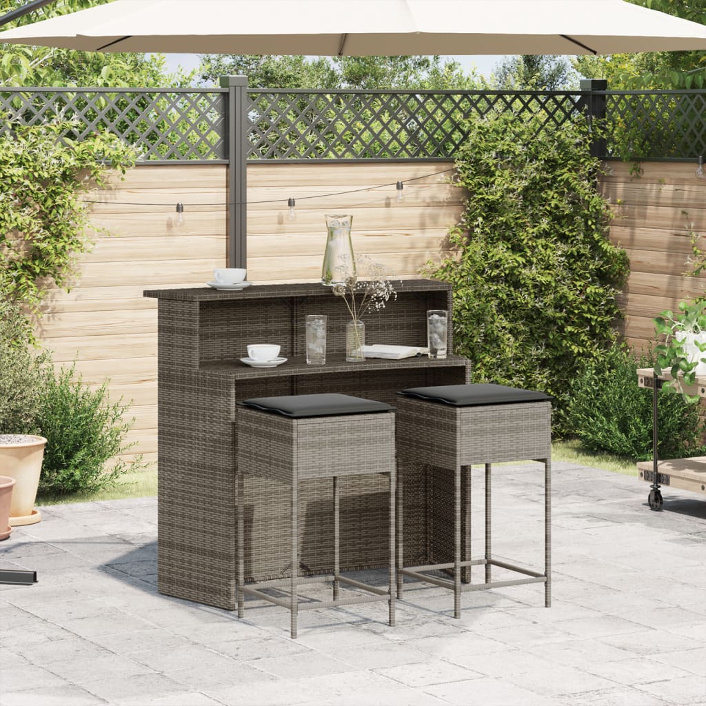 3 Pcs conjunto de bar p/ jardim c/ almofadões vime PE cinzento