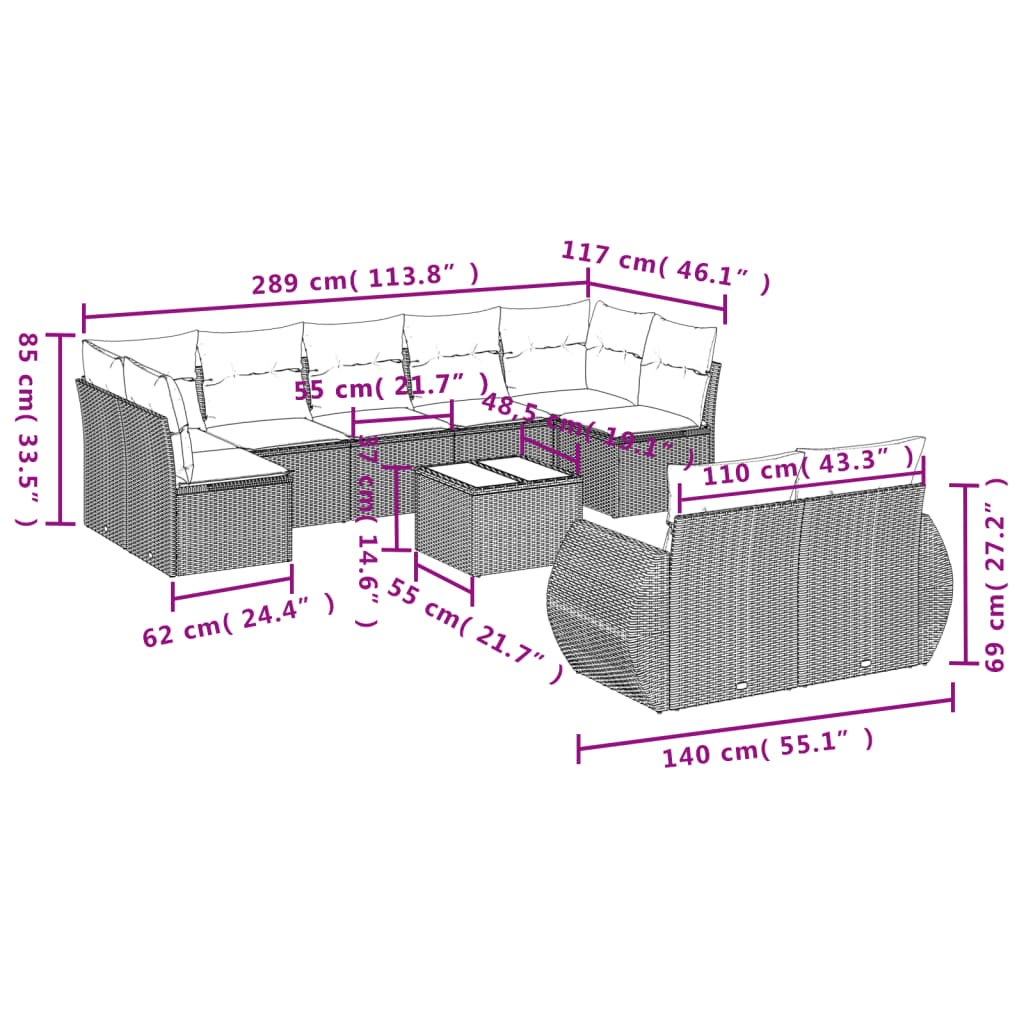 10 Pcs conjunto sofás de jardim c/ almofadões vime PE cinzento