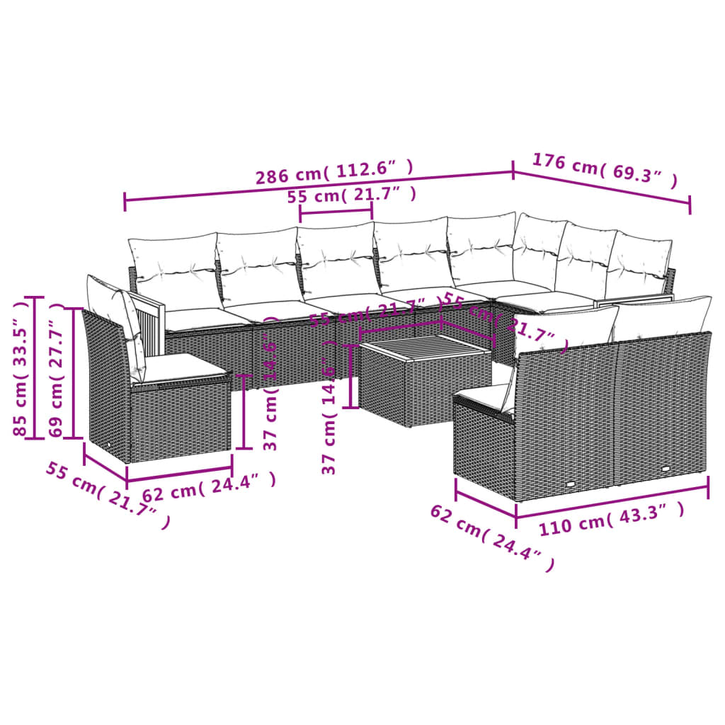 11 Pcs conjunto sofás de jardim c/ almofadões vime PE cinzento