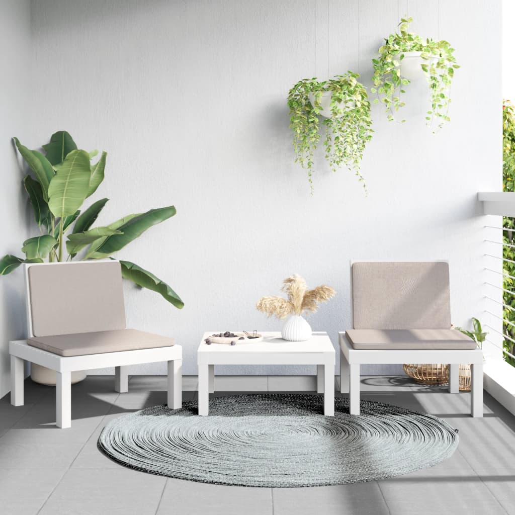 3 Pcs conjunto lounge de jardim com almofadões PP branco