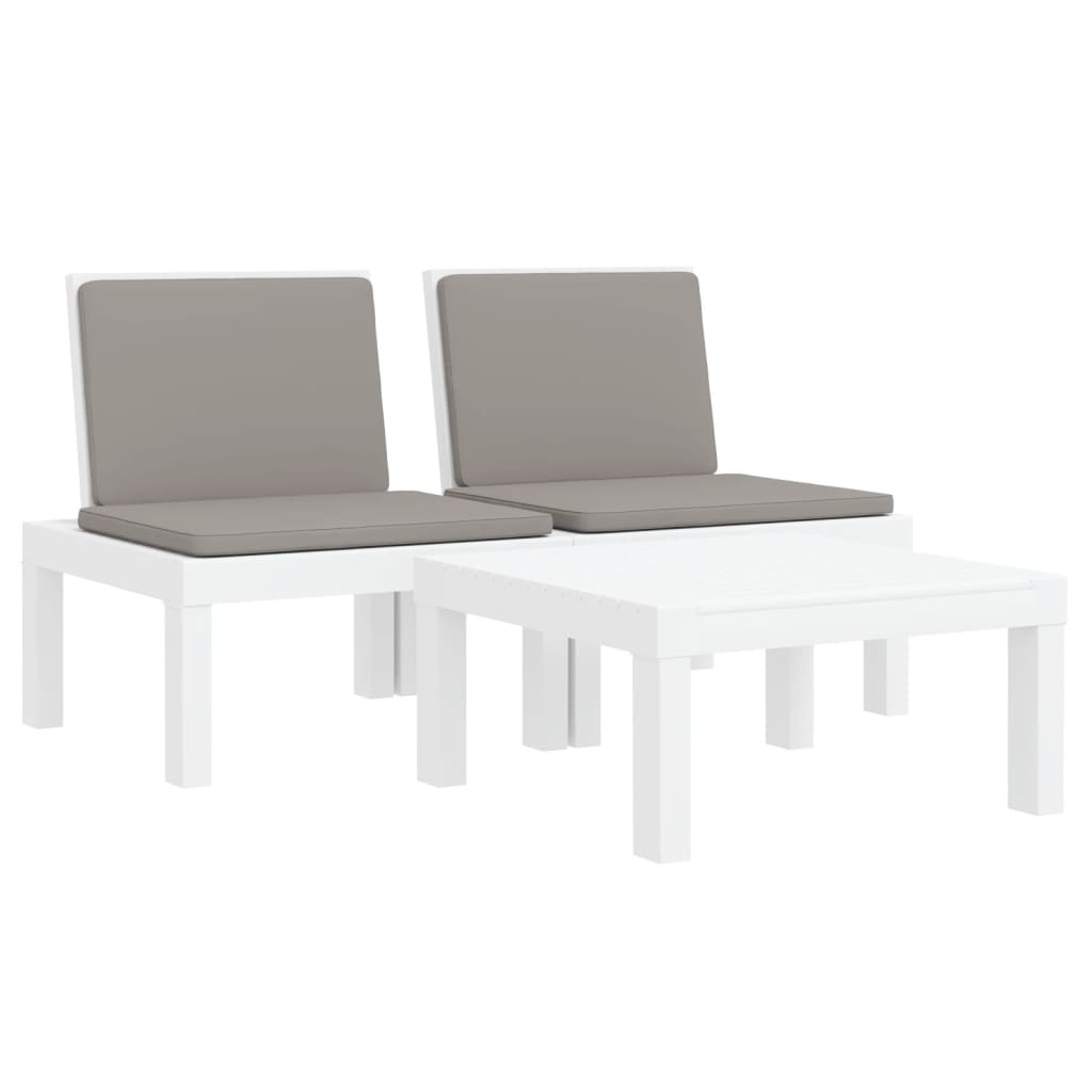 3 Pcs conjunto lounge de jardim com almofadões PP branco