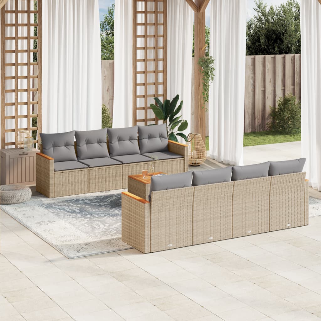 9 Pcs conjunto de sofás p/ jardim com almofadões vime PE bege