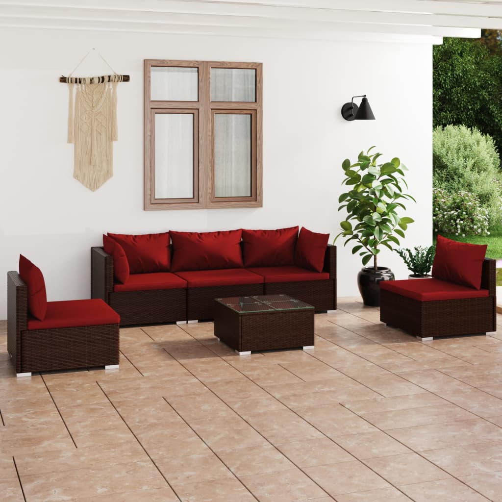 6 Pcs conjunto lounge jardim c/ almofadões vime PE castanho