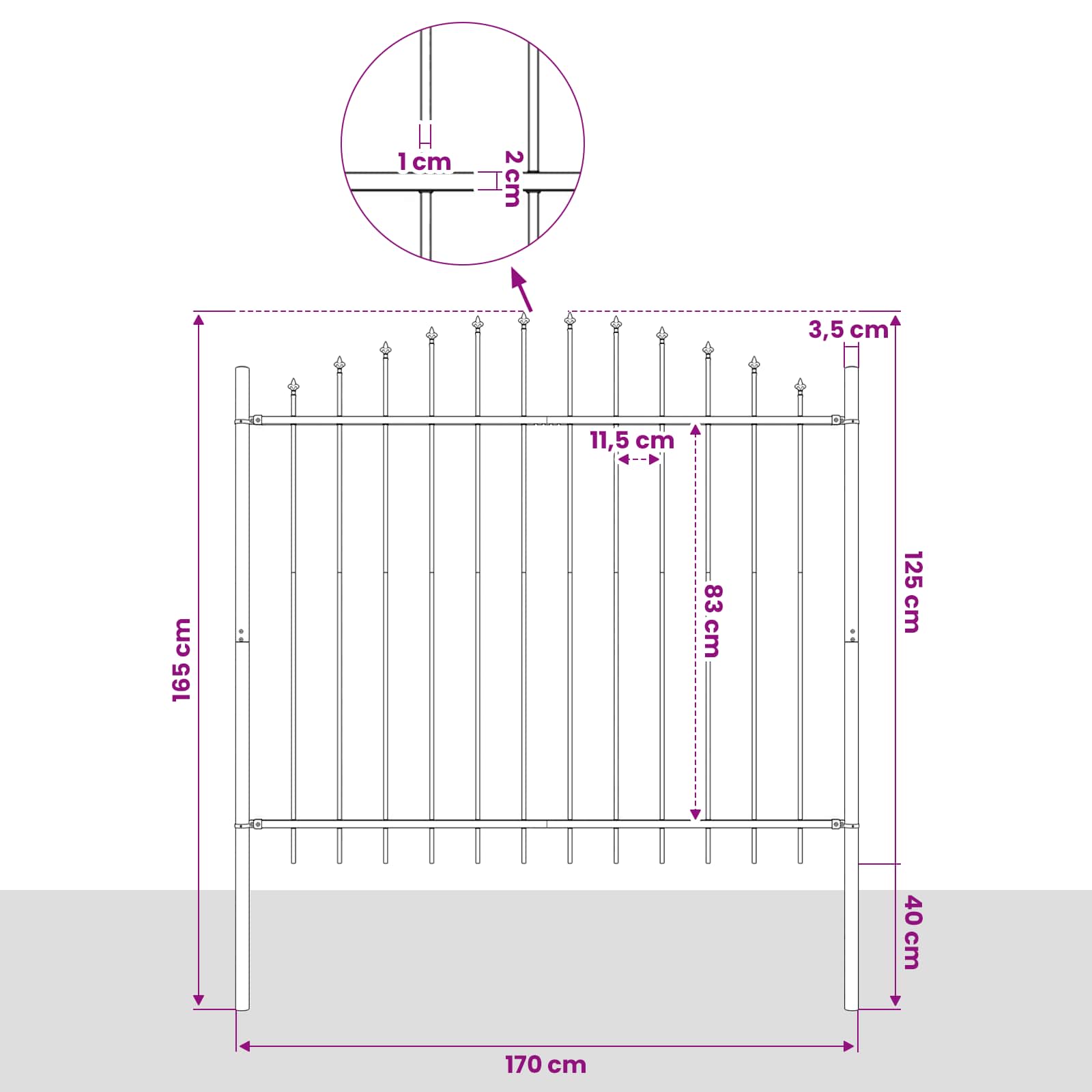 Cerca de jardim com ponta de lança em aço 181x125 cm, preta