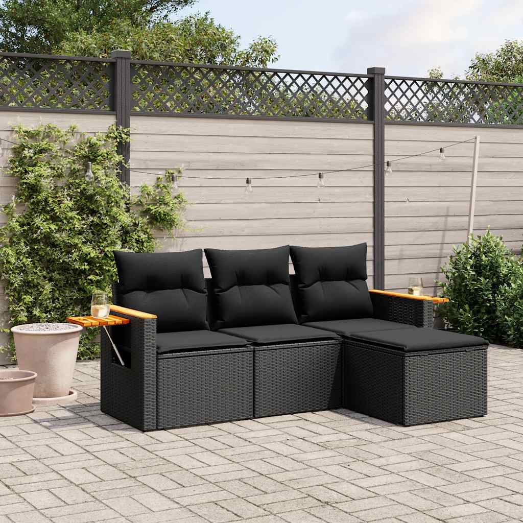 4 Pcs conjunto de sofás para jardim c/ almofadões vime PE preto