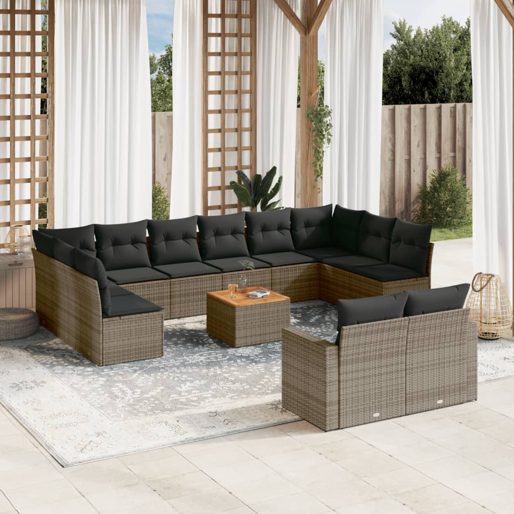 13 Pcs conjunto sofás p/ jardim c/ almofadões vime PE cinzento