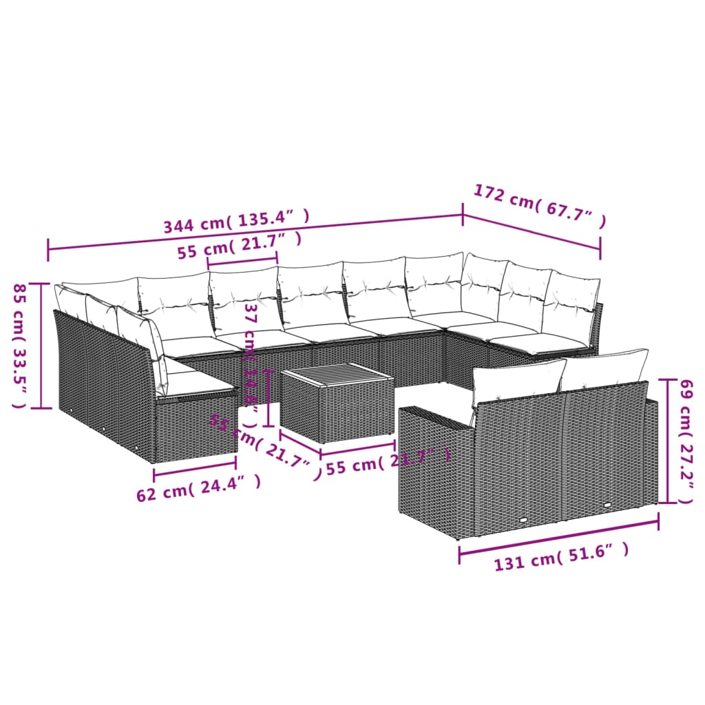 13 Pcs conjunto sofás p/ jardim c/ almofadões vime PE cinzento