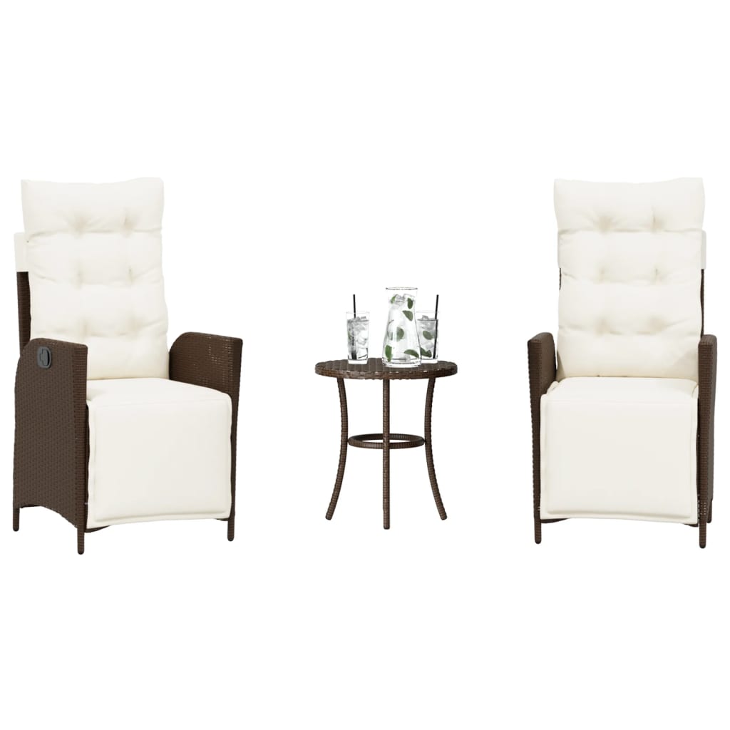 3 Pcs conjunto bistrô com almofadões vime PE castanho