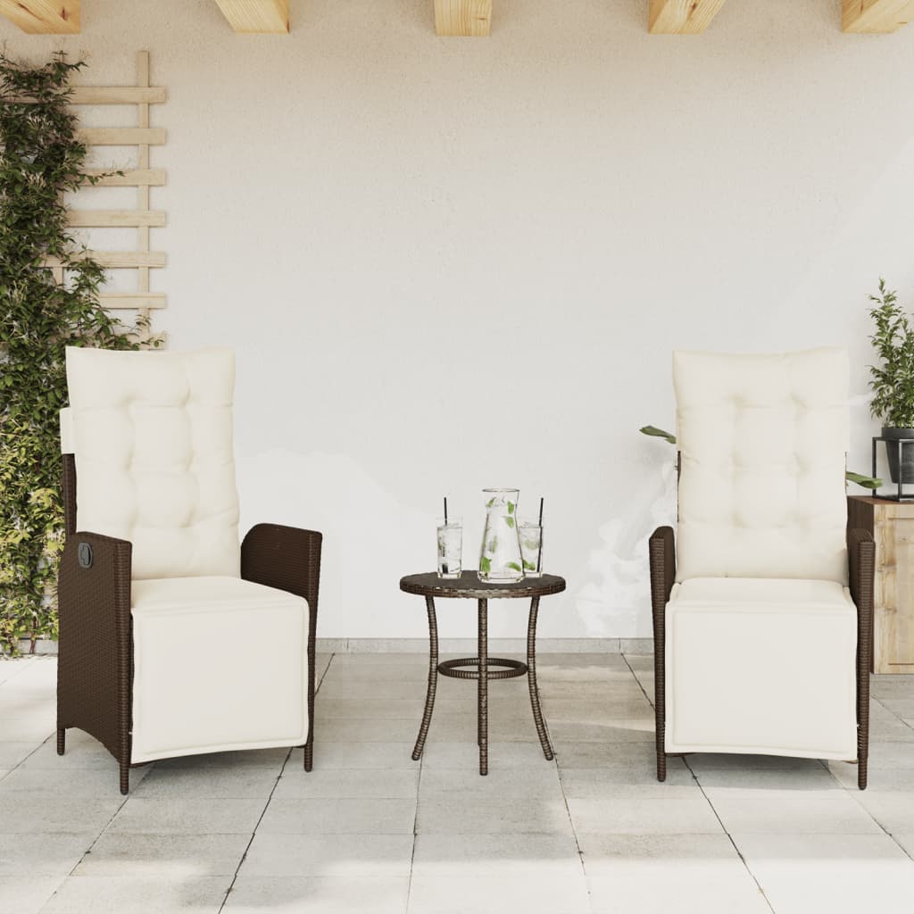3 Pcs conjunto bistrô com almofadões vime PE castanho