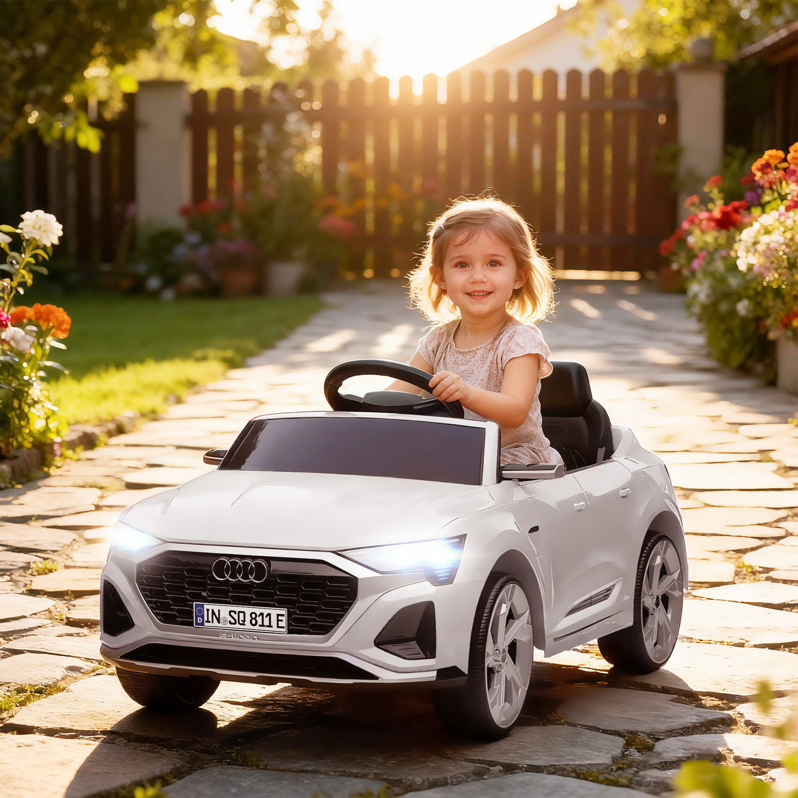 Carro elétrico para crianças carro audi q8 etron sportback infantil 12v faróis buzina e música 98x49,5x43 cm branco