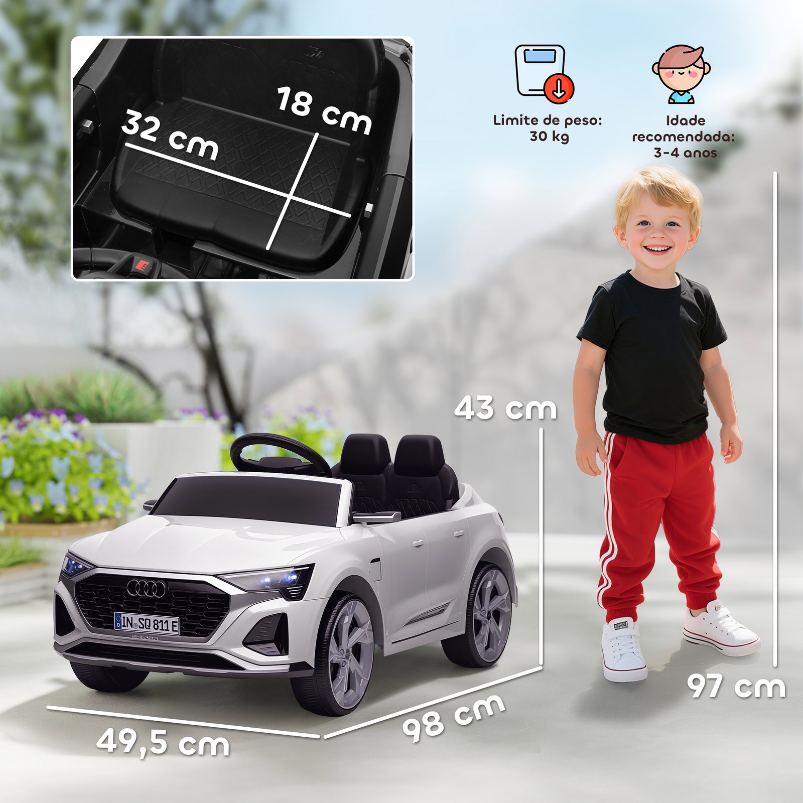 Carro elétrico para crianças carro audi q8 etron sportback infantil 12v faróis buzina e música 98x49,5x43 cm branco