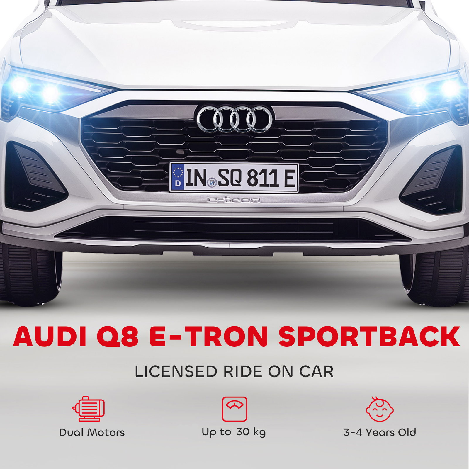 Carro elétrico para crianças carro audi q8 etron sportback infantil 12v faróis buzina e música 98x49,5x43 cm branco