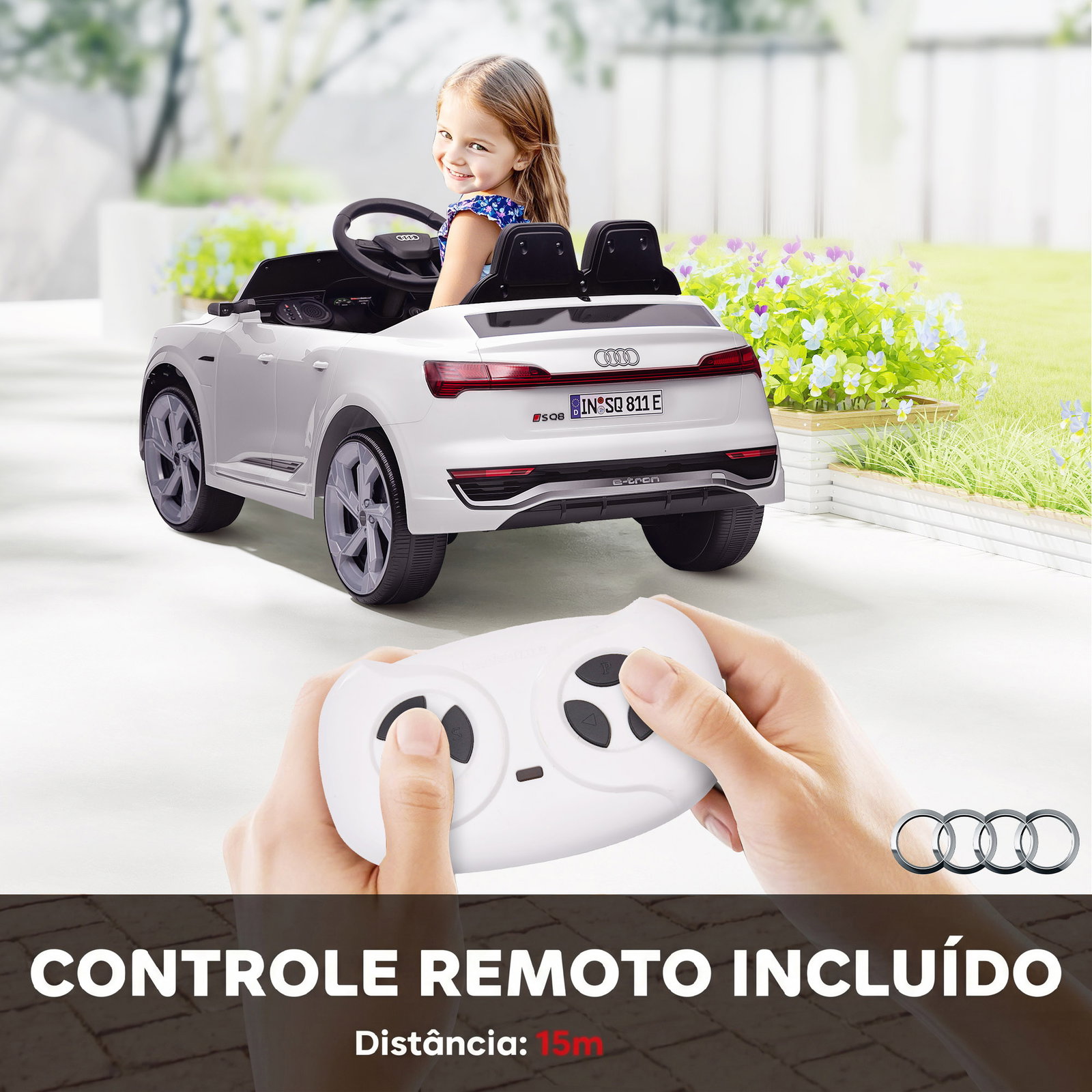 Carro elétrico para crianças carro audi q8 etron sportback infantil 12v faróis buzina e música 98x49,5x43 cm branco