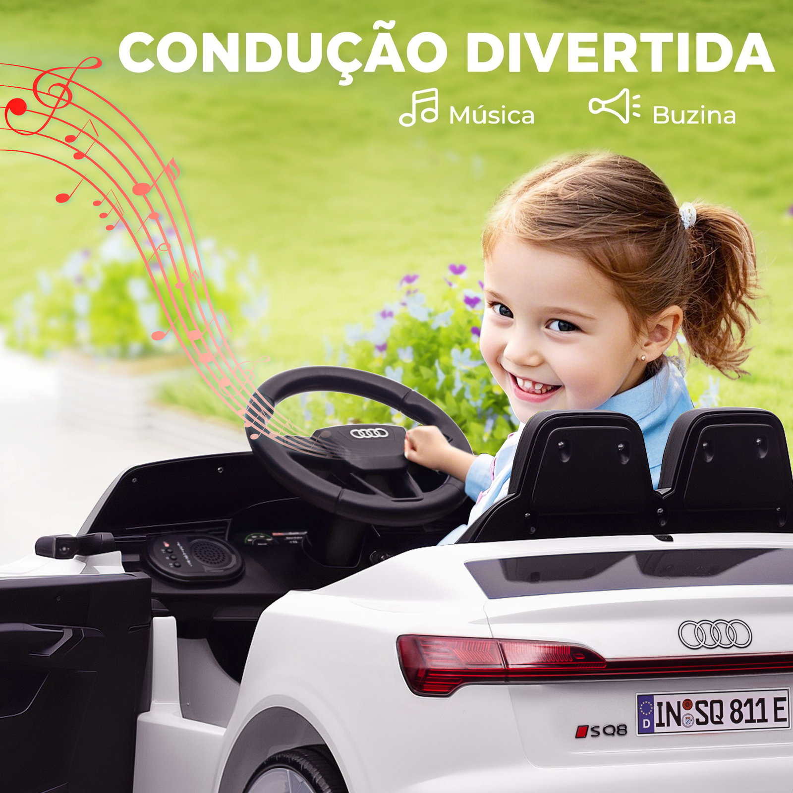 Carro elétrico para crianças carro audi q8 etron sportback infantil 12v faróis buzina e música 98x49,5x43 cm branco