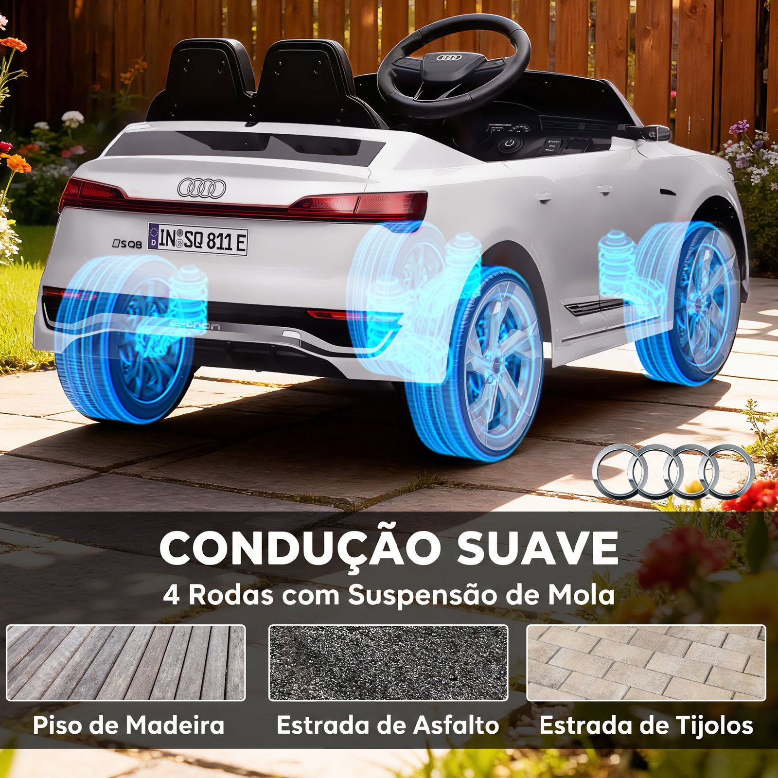 Carro elétrico para crianças carro audi q8 etron sportback infantil 12v faróis buzina e música 98x49,5x43 cm branco