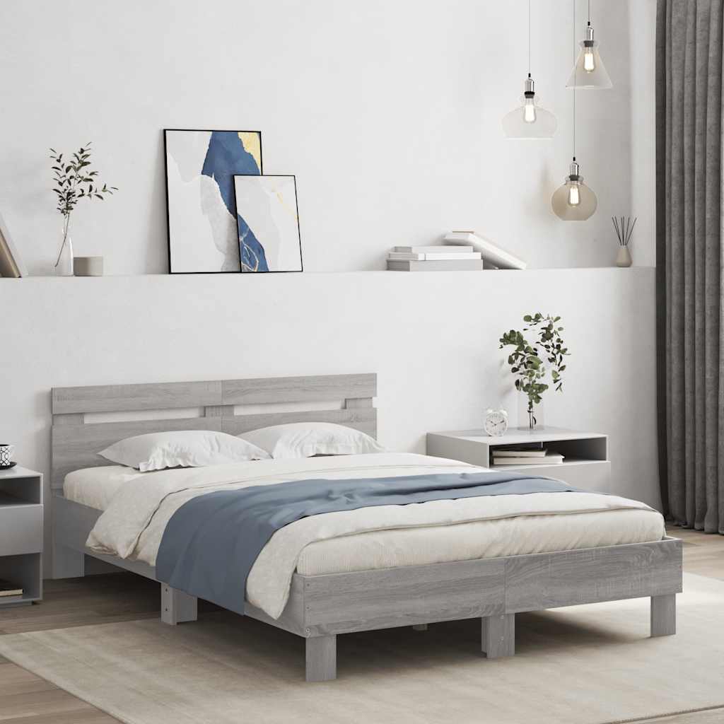 Estrutura cama c/ cabeceira/luzes LED 135x190cm cinzento sonoma