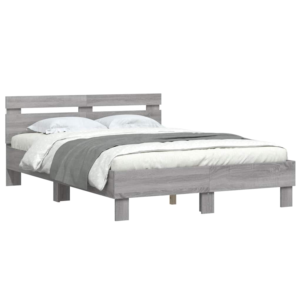 Estrutura cama c/ cabeceira/luzes LED 135x190cm cinzento sonoma
