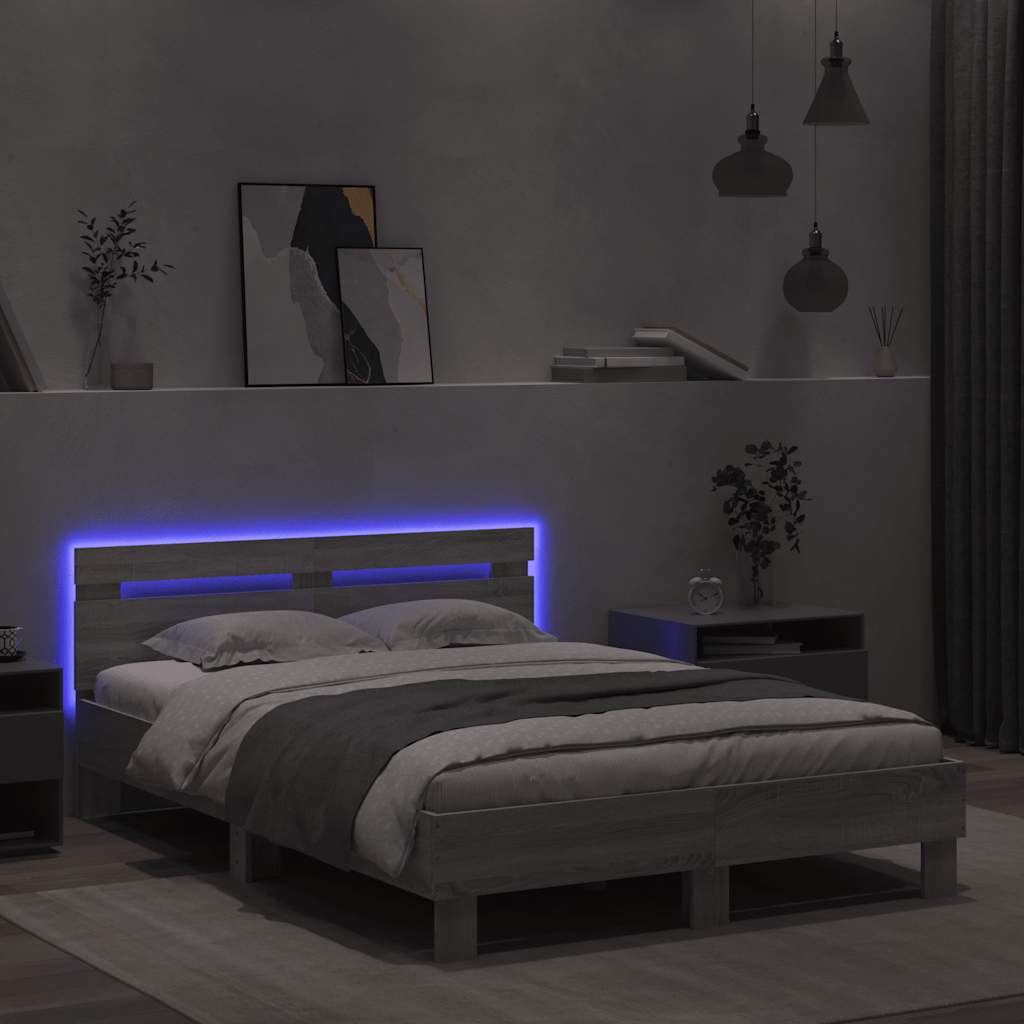 Estrutura cama c/ cabeceira/luzes LED 135x190cm cinzento sonoma