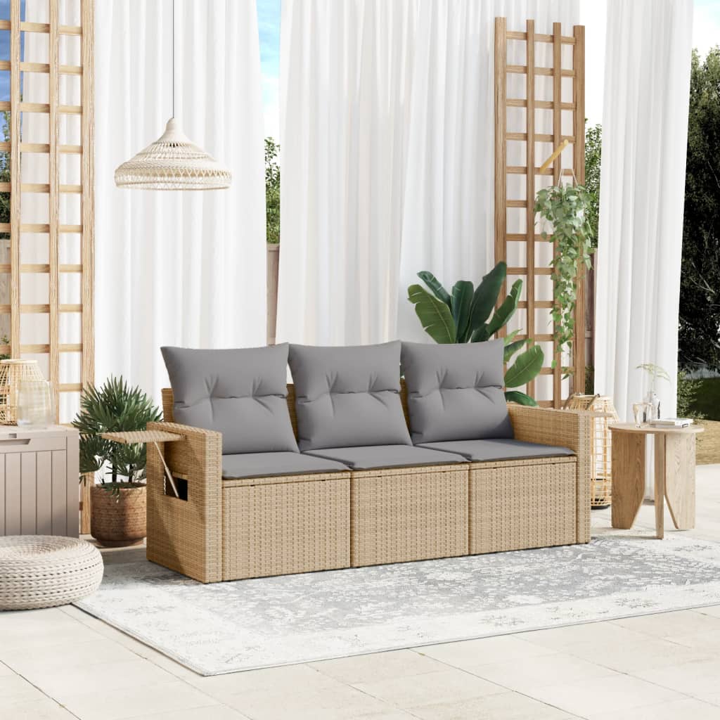 3 Pcs conjunto de sofás p/ jardim com almofadões vime PE bege