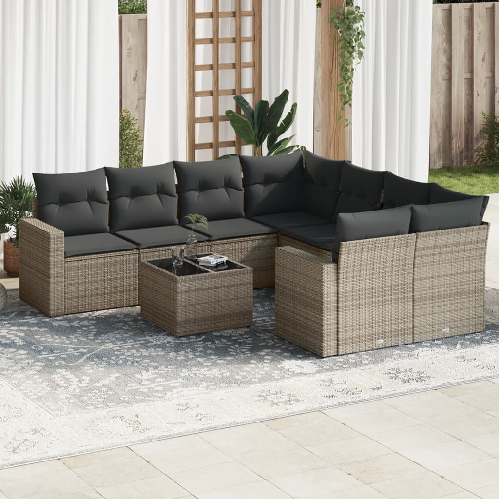 9 Pcs conjunto sofás p/ jardim com almofadões vime PE cinzento