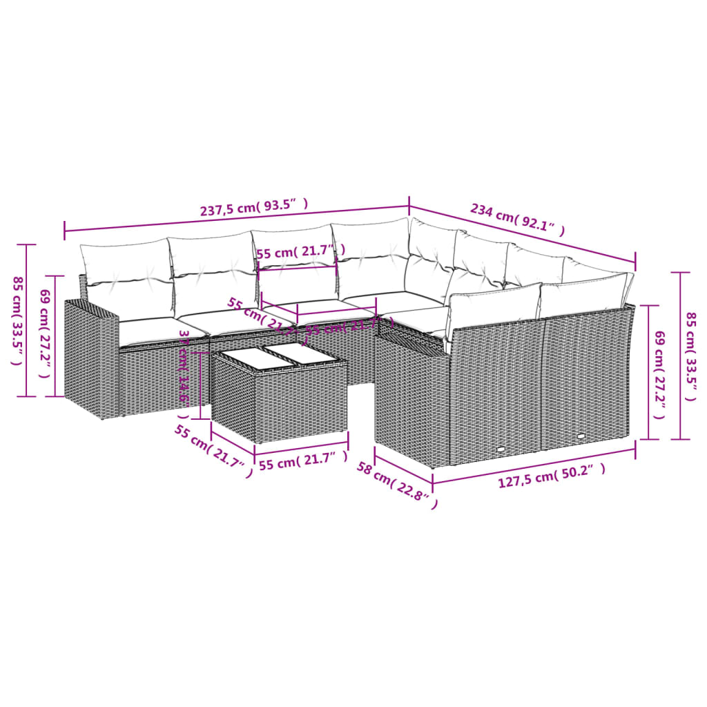 9 Pcs conjunto sofás p/ jardim com almofadões vime PE cinzento