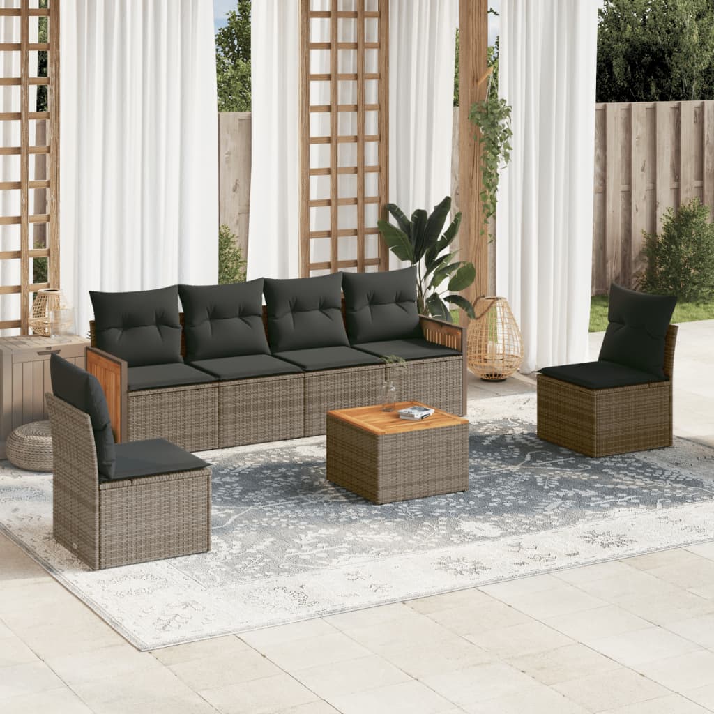 7 Pcs conjunto sofás p/ jardim c/ almofadões vime PE cinzento