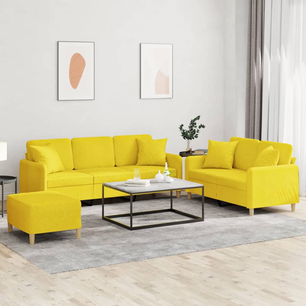 3 Pcs conjunto de sofás com almofadas tecido amarelo-claro