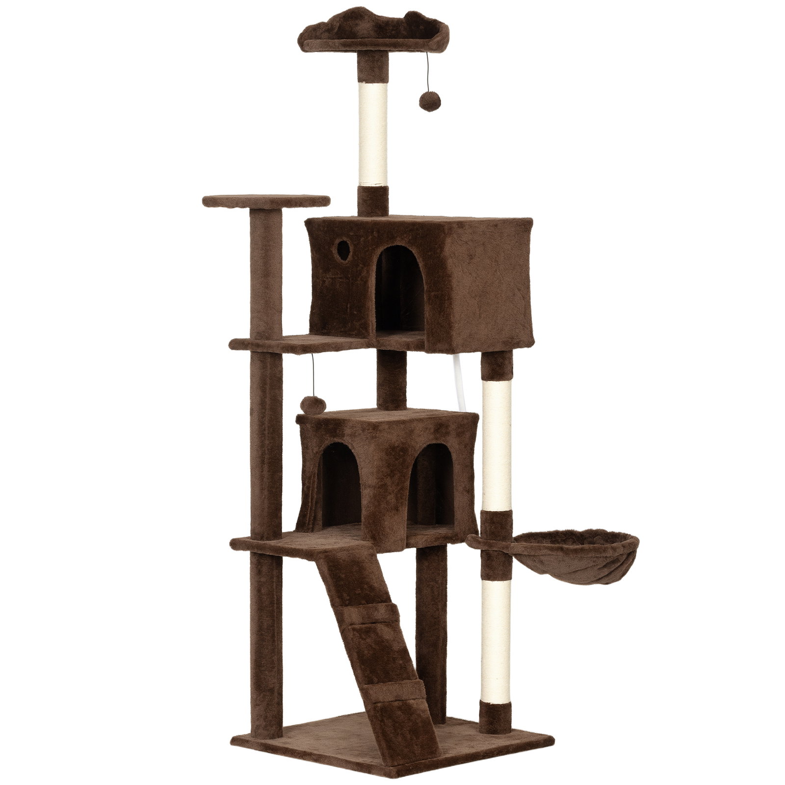 Arranhador para gatos com múltiplas plataformas cama 2 cavernas rede escada postes de sisal 56x56x180 cm marrom