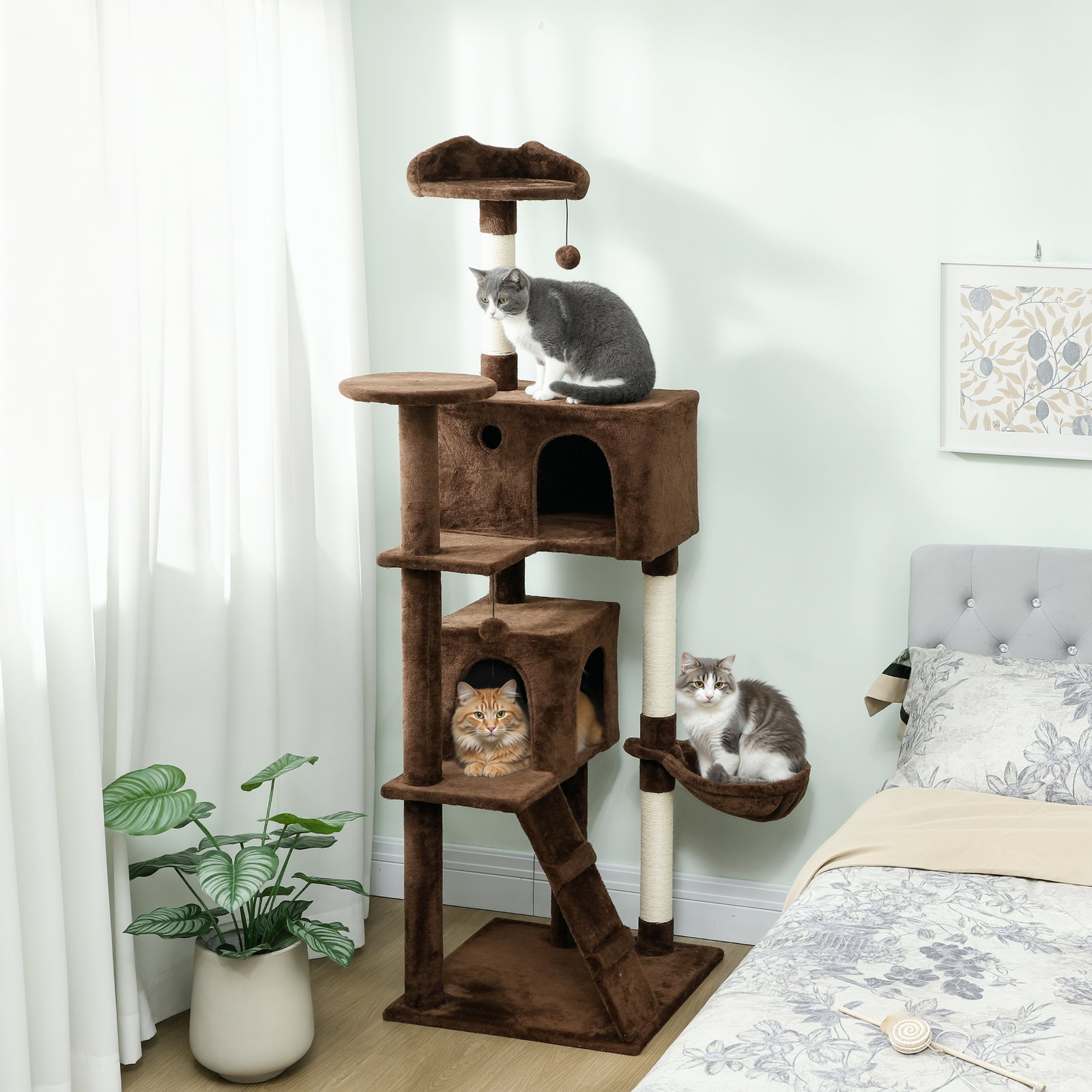 Arranhador para gatos com múltiplas plataformas cama 2 cavernas rede escada postes de sisal 56x56x180 cm marrom