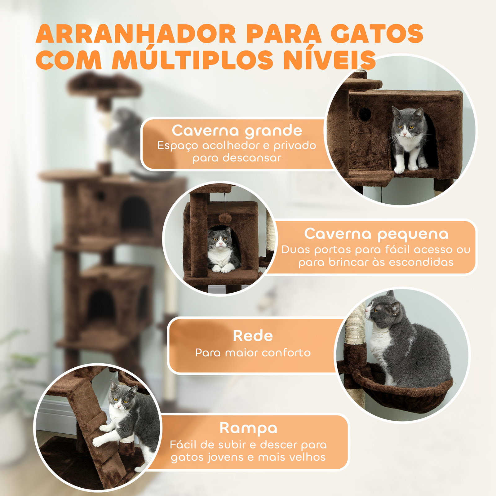 Arranhador para gatos com múltiplas plataformas cama 2 cavernas rede escada postes de sisal 56x56x180 cm marrom