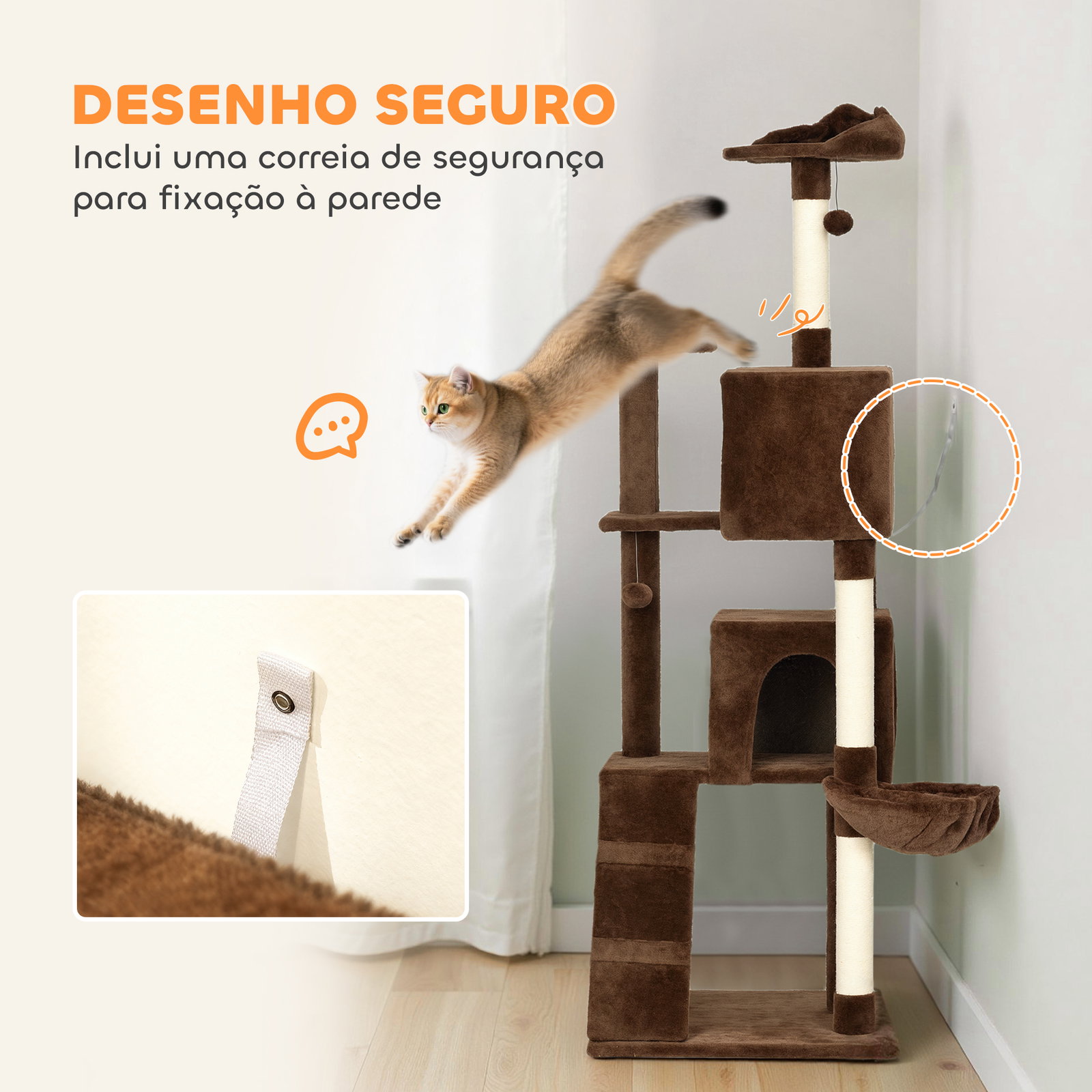Arranhador para gatos com múltiplas plataformas cama 2 cavernas rede escada postes de sisal 56x56x180 cm marrom