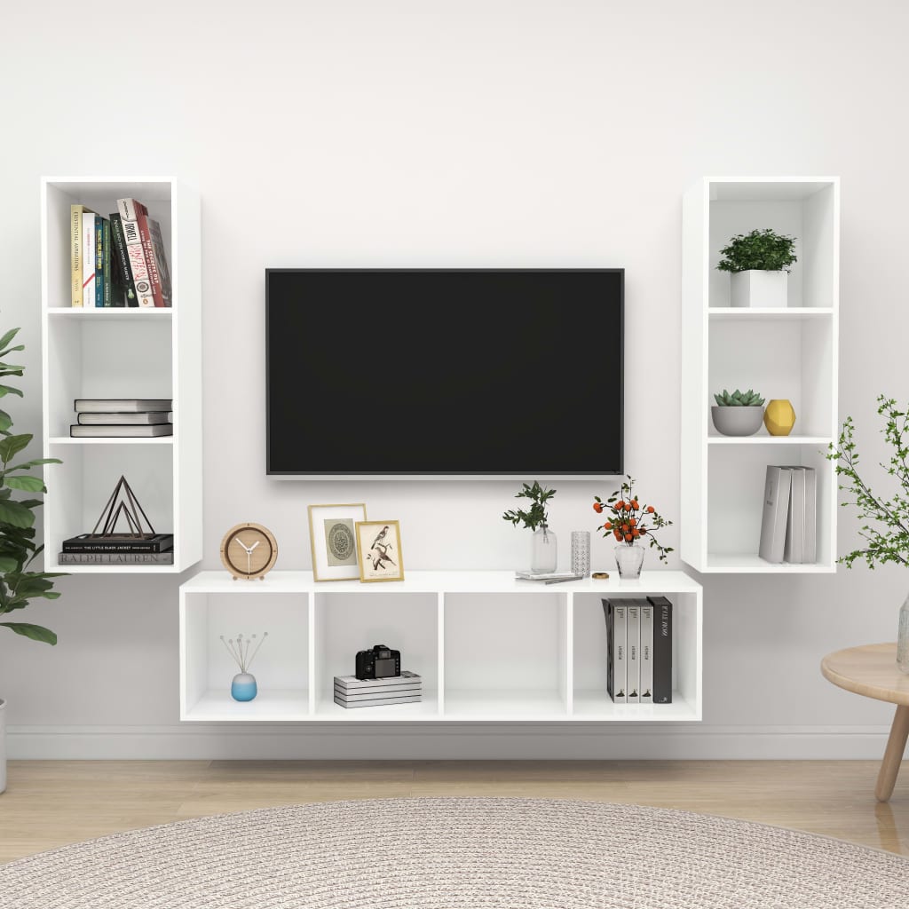 3 Pcs conjunto de móveis de TV contraplacado branco