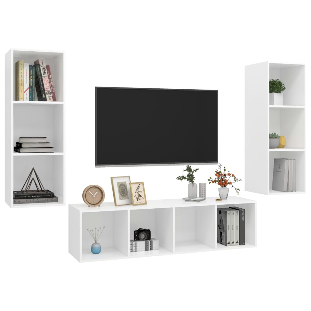 3 Pcs conjunto de móveis de TV contraplacado branco