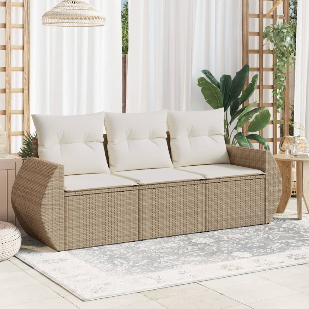 3 Pcs conjunto de sofás p/ jardim com almofadões vime PE bege