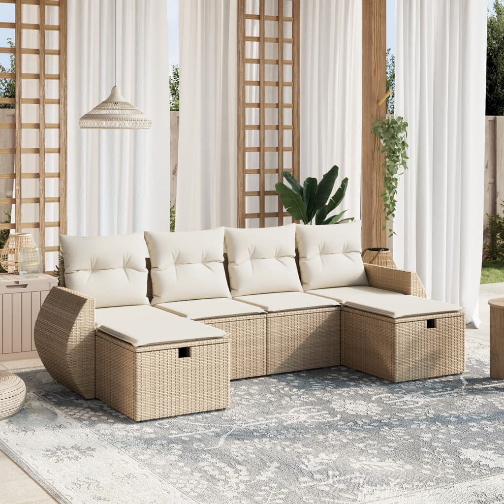 6 Pcs conjunto de sofás p/ jardim com almofadões vime PE bege