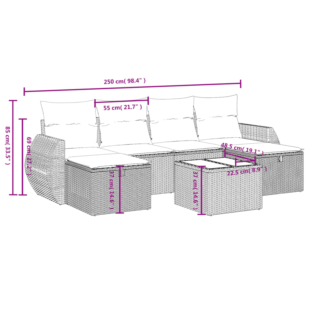 6 Pcs conjunto de sofás p/ jardim com almofadões vime PE bege