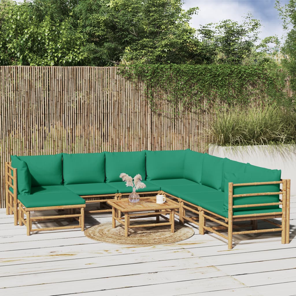 9 Pcs conjunto lounge de jardim bambu c/ almofadões verdes