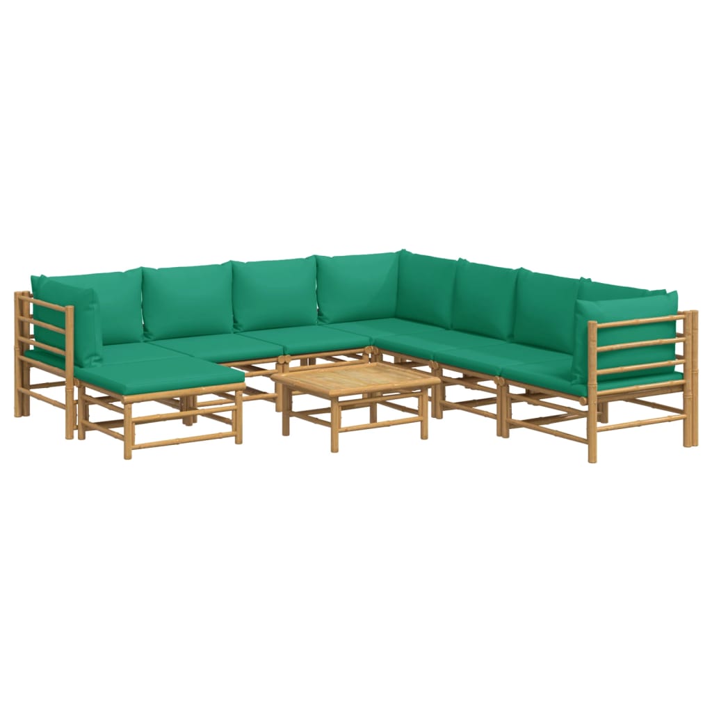 9 Pcs conjunto lounge de jardim bambu c/ almofadões verdes