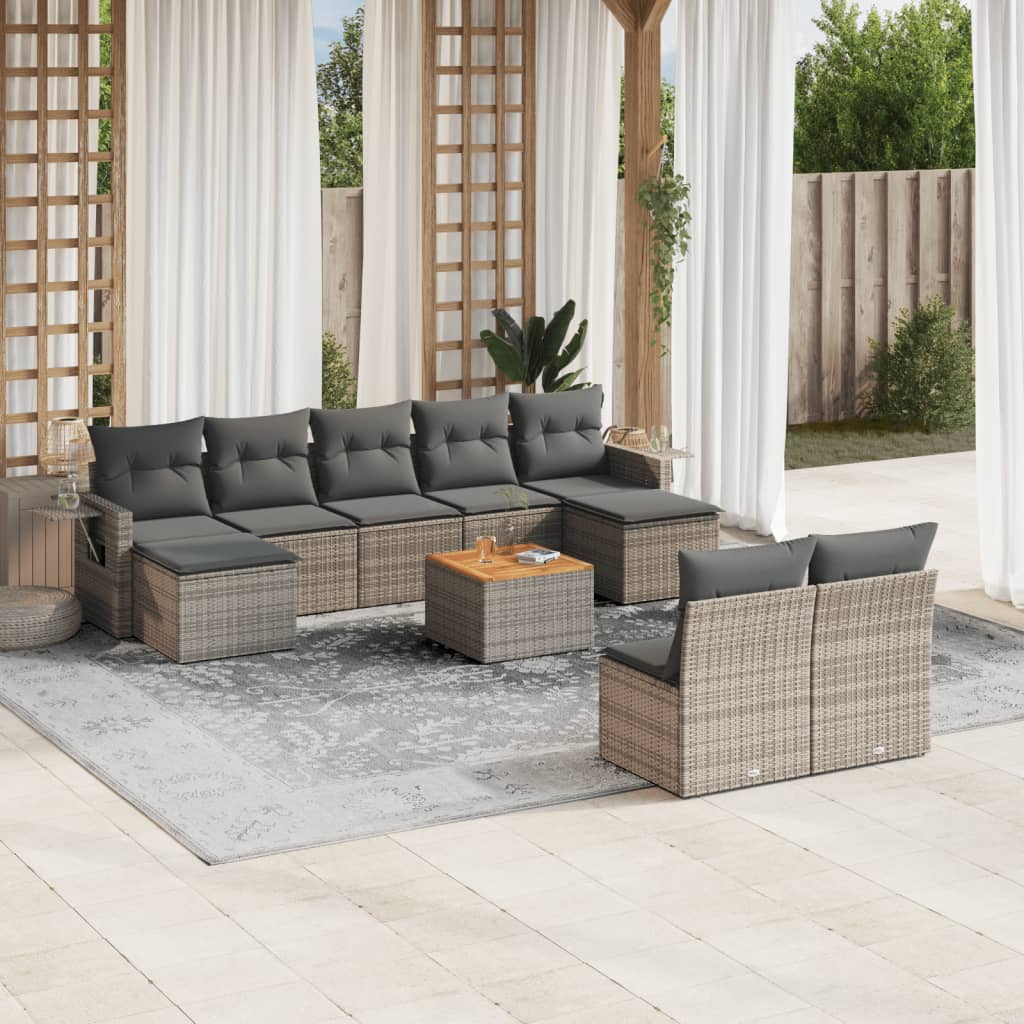 10 Pcs conjunto sofás de jardim c/ almofadões vime PE cinzento