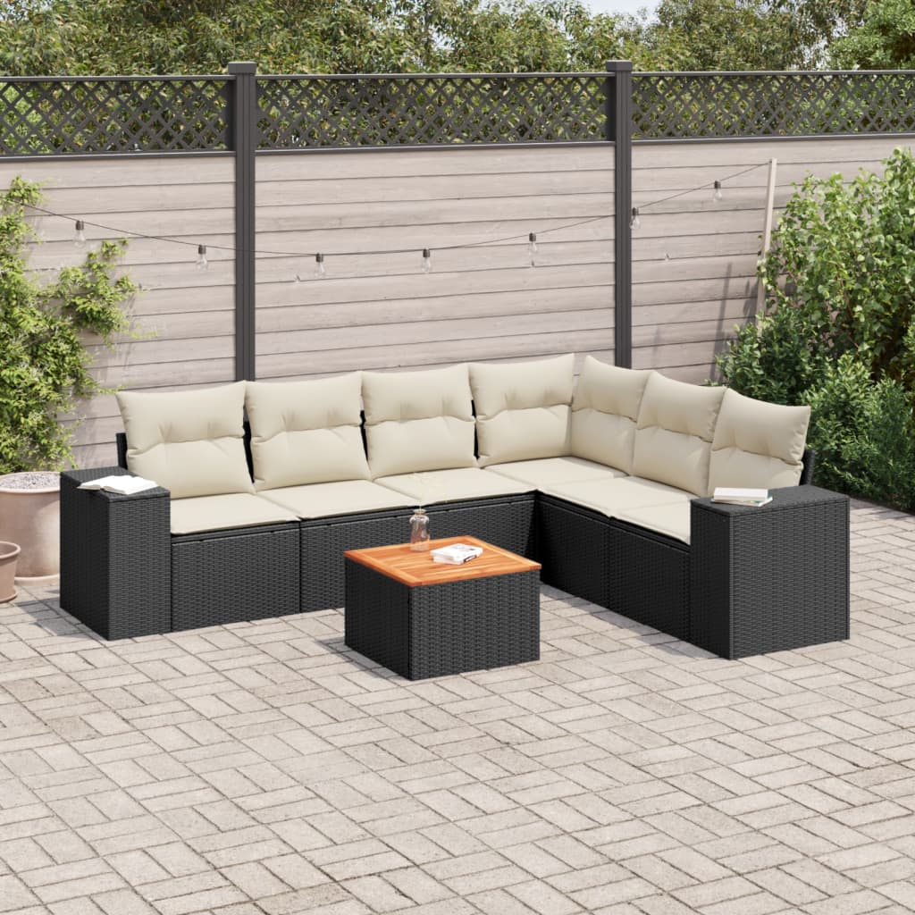 7 Pcs conjunto de sofás p/ jardim c/ almofadões vime PE preto