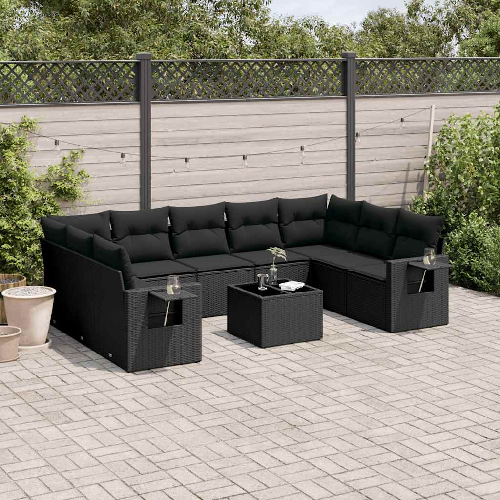 10 Pcs conjunto sofás de jardim c/ almofadões vime PE preto
