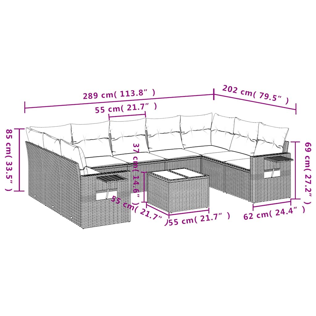 10 Pcs conjunto sofás de jardim c/ almofadões vime PE preto